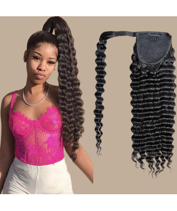 Queue de cheval Ponytail  Noir Ruban Magique Remy Hair Deep Wave rembourrage situé sous