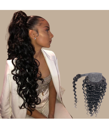 Queue de cheval Ponytail  Noir Ruban Magique Remy Hair Deep Wave rembourrage situé sous