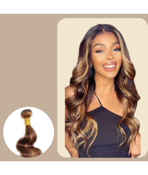 Tissage Cheveux Vierge Human Hair Body Wave 7A Chatain Méché Blond P4/27 100 Gr brillant des détails fins