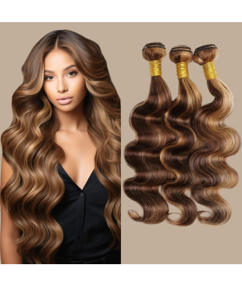 Tissage Cheveux Vierge Human Hair Body Wave 7A Chatain Méché Blond P4/27 100 Gr brillant des détails fins