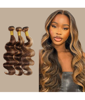 Tissage Cheveux Vierge Human Hair Body Wave 7A Chatain Méché Blond P4/27 100 Gr brillant des détails fins