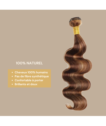 Tissage Cheveux Vierge Human Hair Body Wave 7A Chatain Méché Blond P4/27 100 Gr brillant des détails fins